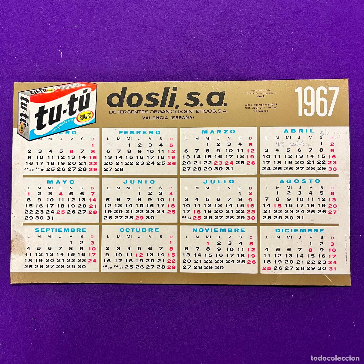 Coleccionismo calendarios: CALENDARIO METALICO DOSLI S.A. VALENCIA. A&Ntilde;O 1967.