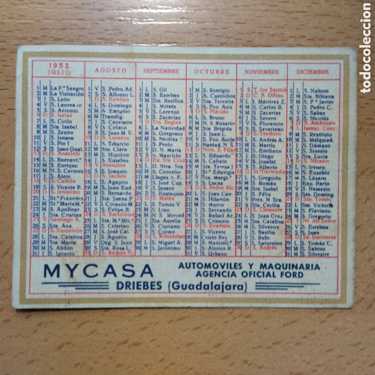 Coleccionismo calendarios: CALENDARIO DE BOLSILLO A&Ntilde;O 1952 DRIEBES GUADALAJARA MYCASA AUTOMOVILES FORD ..