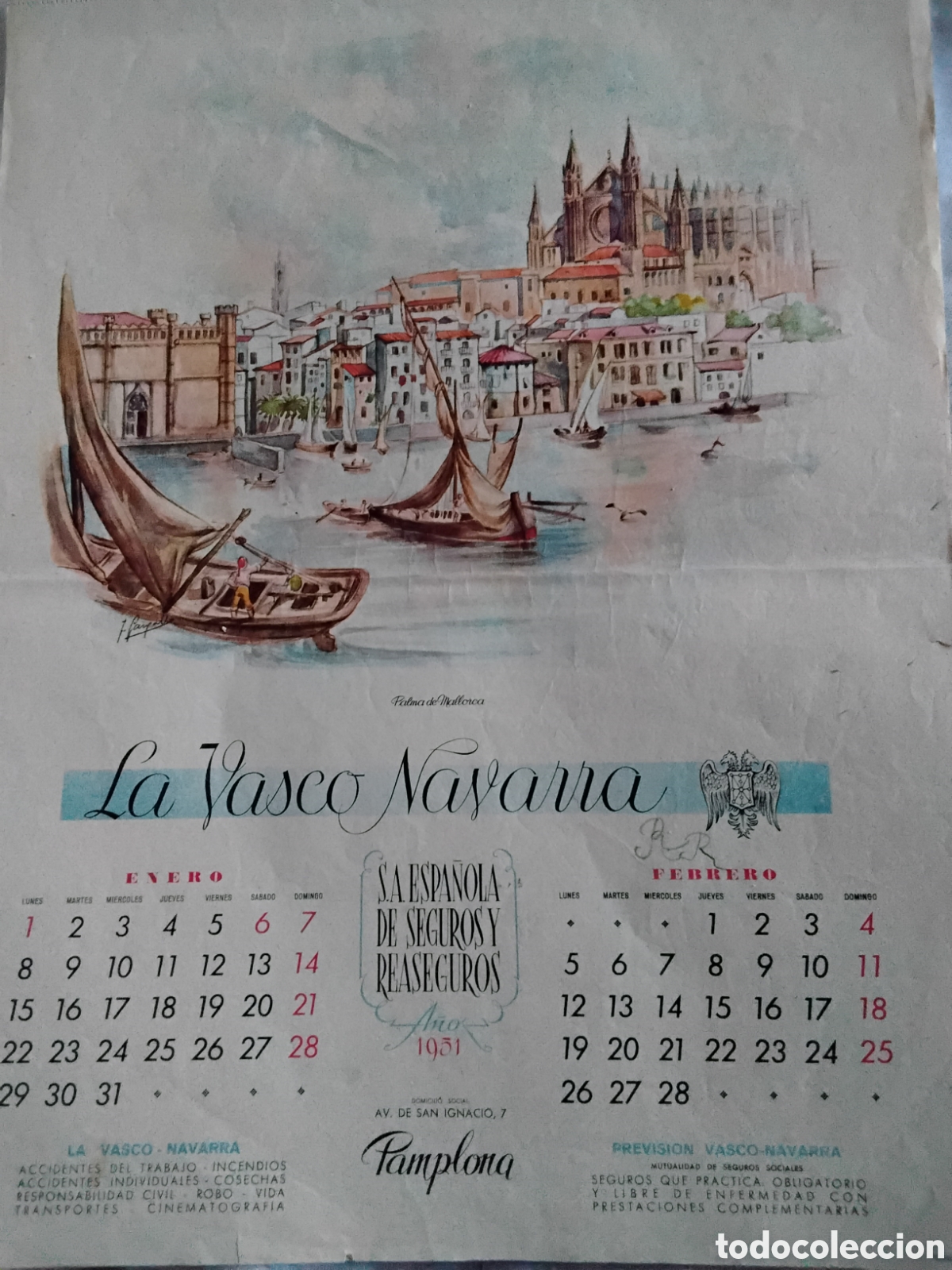 Coleccionismo calendarios: CALENDARIO DE PARED LA VASCO NAVARRA 1951. FOURNIER