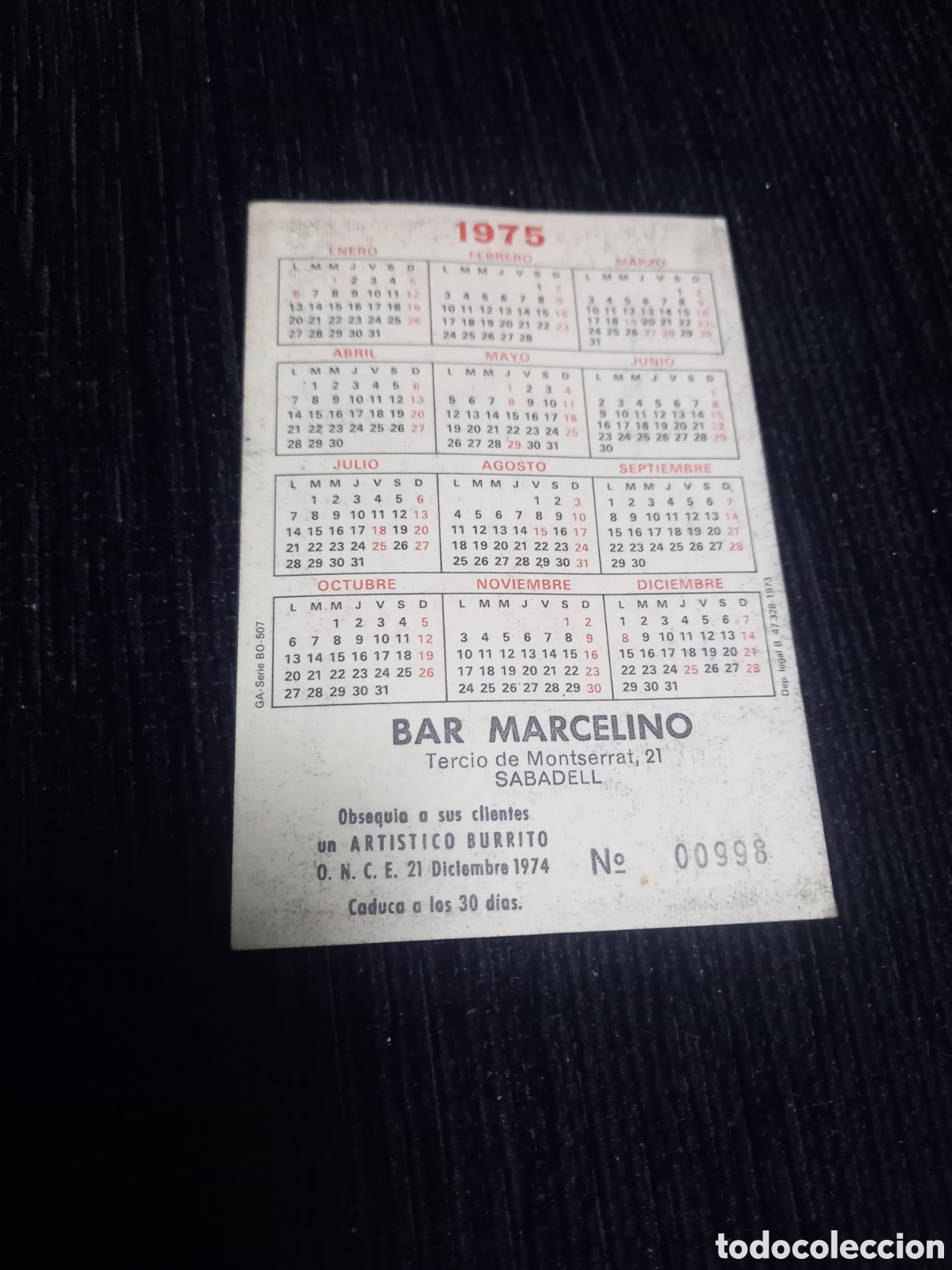 Coleccionismo calendarios: 2. Calendario de bolsillo er&oacute;tico 1975 - Bar Marcelino (Sabadell) - Con n&uacute;mero de sorteo&rdquo;.