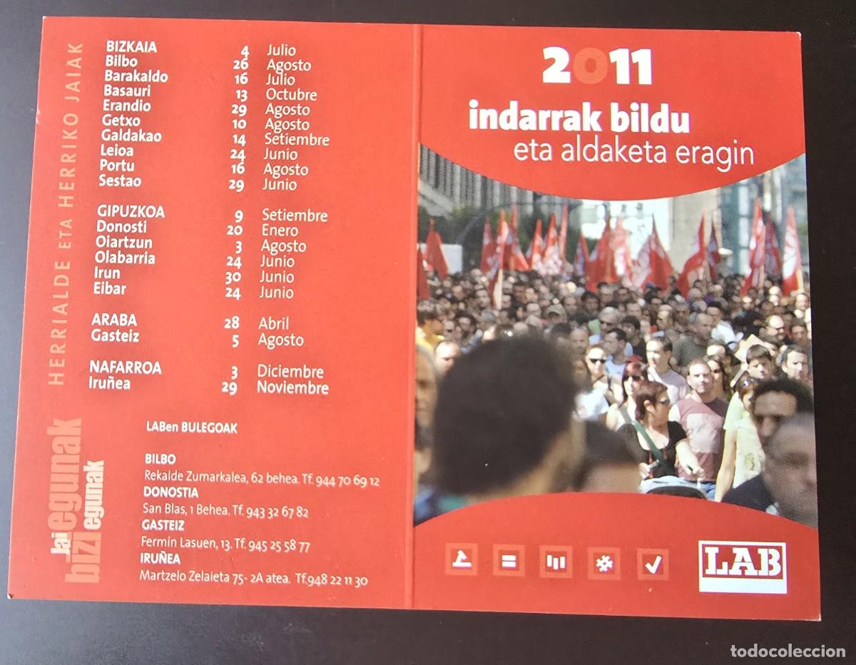 Colecionismo Calend&aacute;rios: CALENDARIO DE BOLSILLO PUBLICITARIO DIPTICO - SINDICATO VASCO LAB - 2011
