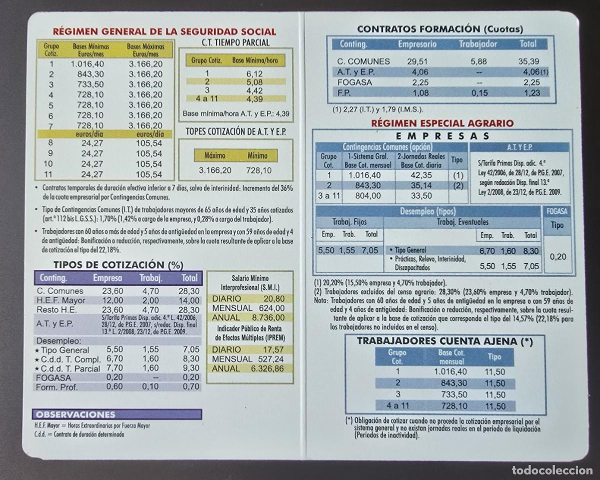 Collezionismo Calendari: CALENDARIO DE BOLSILLO DIPTICO - Tesorer&iacute;a General de la Seguridad Social. Bases de Cotizaci&oacute;n 2009