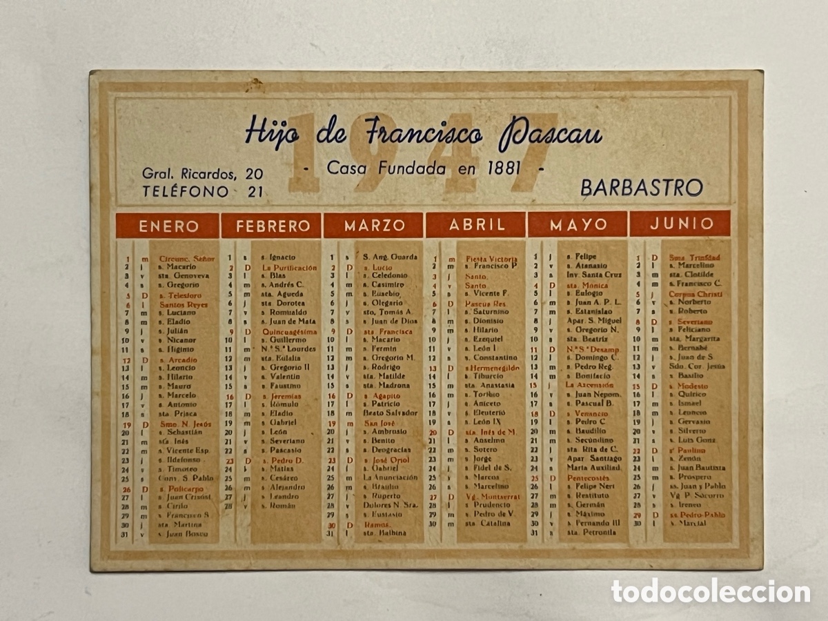 Colecionismo Calend&aacute;rios: BARBASTRO (Huesca) Almacenes Hijo de Francisco Pascau.. CALENDARIO (a.1947)