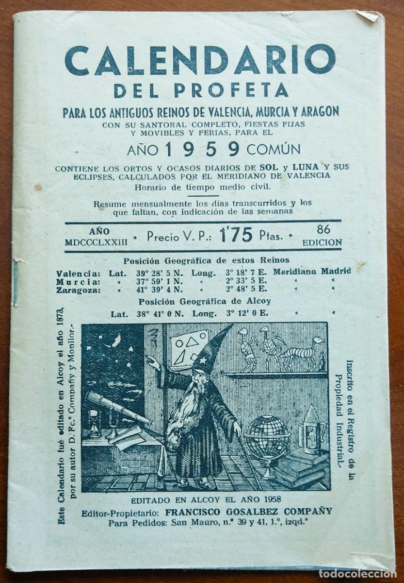 Collectables Calendars: CALENDARIO DEL PROFETA PARA LOS ANTIGUOS REINOS DE VALENCIA, MURCIA Y ARAG&Oacute;N A&Ntilde;O 1959 - ALCOY