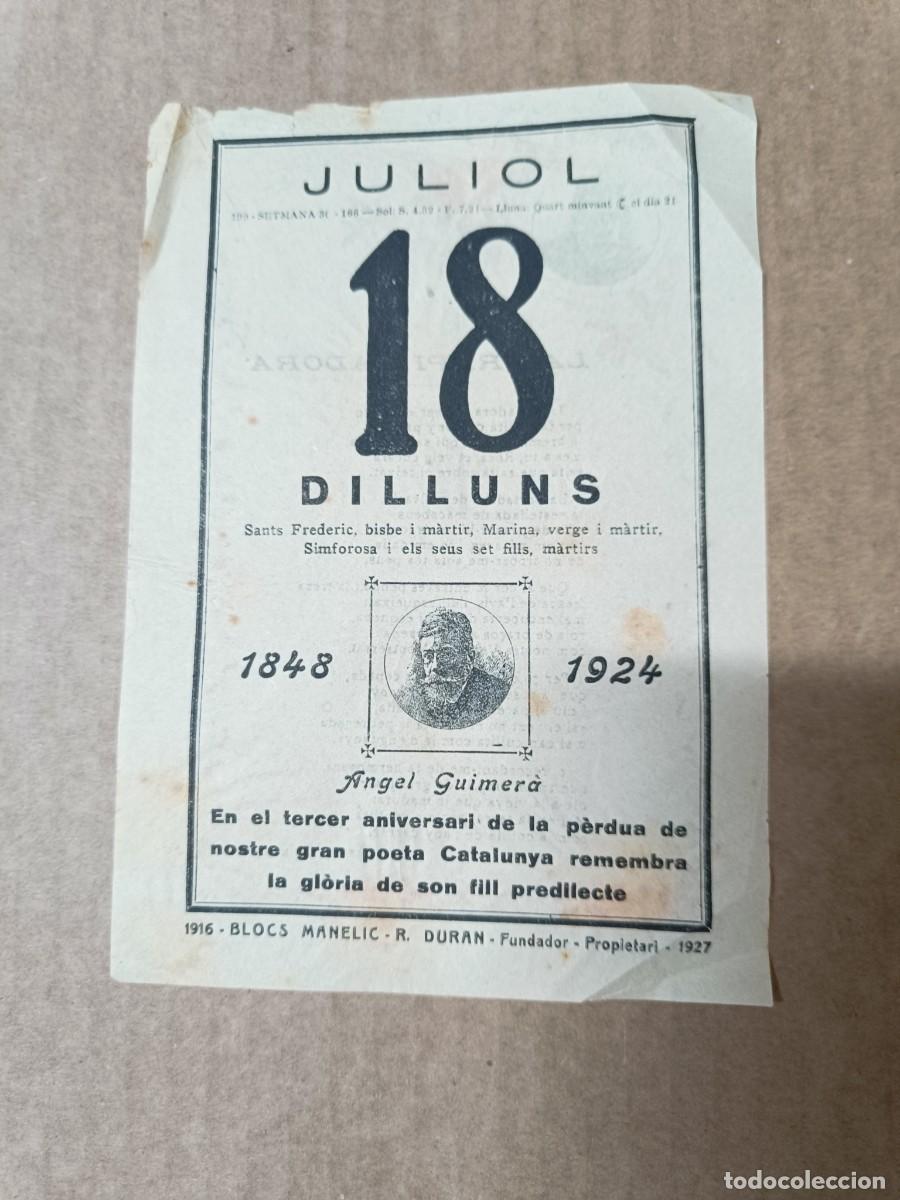 Coleccionismo calendarios: ANTIGUA HOJA DE CALENDARIO, 18 JULIO 1924, ANIVERSARIO POETA ANGEL GUIMER&Agrave;, POESIA TREPITJADORA -P31