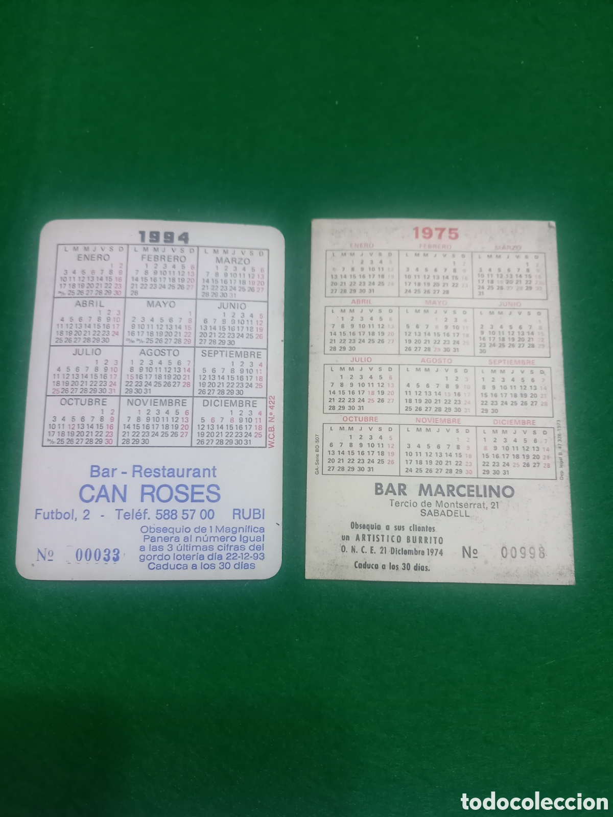 Coleccionismo calendarios: Lote de 2 Calendarios de Bolsillo Vintage (A&ntilde;os 1975 y 1994) - Publicidad de Bar/Restaurante - Colec