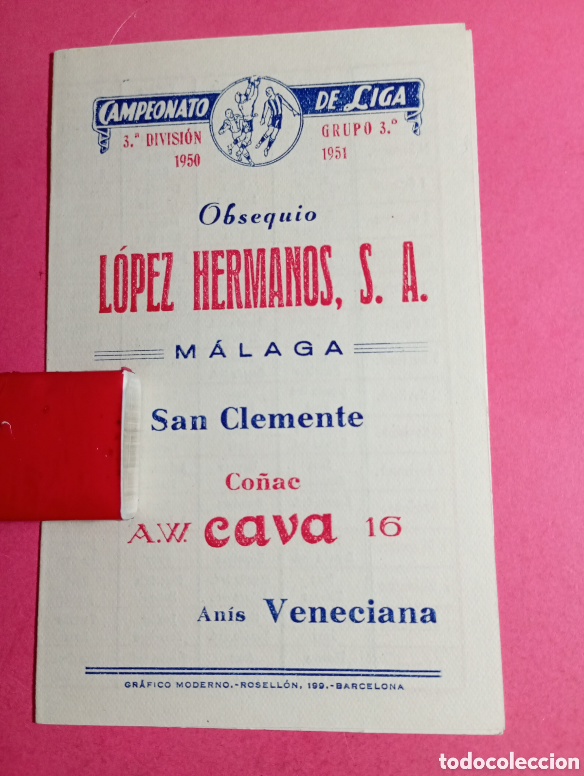 Coleccionismo deportivo: M&Aacute;LAGA CAMPEONATO DE LIGA 3&ordf; DIVISI&Oacute;N GRUPO 3&ordf; 1950/51 OBSEQUIO L&Oacute;PEZ HERMANOS S. A. SIN USAR