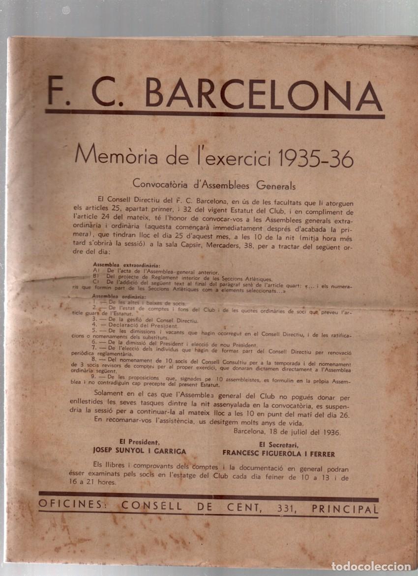 Coleccionismo deportivo: F. C. BARCELONA. MEMORIA DE L' EXERCICI 1935-36. CONVOCATORIA D'ASSEMBLEES GENERALS