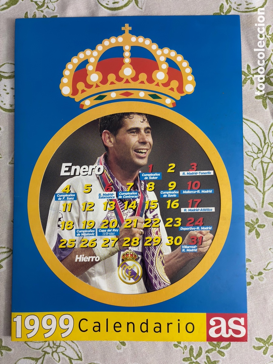 Coleccionismo deportivo: L&aacute;mina / Calendario Enero 1999 Diario As - Fernando Hierro Real Madrid