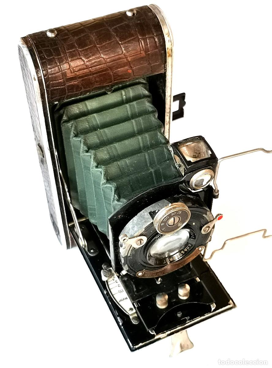 C&aacute;mara de fotos: *c1931* &bull; Foth Rollfilm folder 6x9 (PIEL REPTIL, FUELLE VERDE)&bull; Foth Doppel An. f4.5 (Funda)