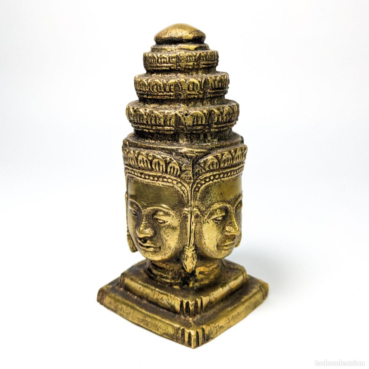 Fotokamera: Cabeza del dios Hind&uacute; Brahma de bronce Jemer, Periodo Bay&oacute;n s.XII, Camboya