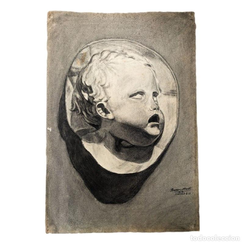 Fotokamera: Dibujo de Medall&oacute;n con cabeza de ni&ntilde;o de Artista Barcelon&eacute;s Ram&oacute;n Mart&iacute; c.1955