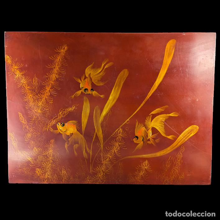 C&acirc;maras de fotos: Panel vietnamita lacado peces Dorados de la abundancia c.1940