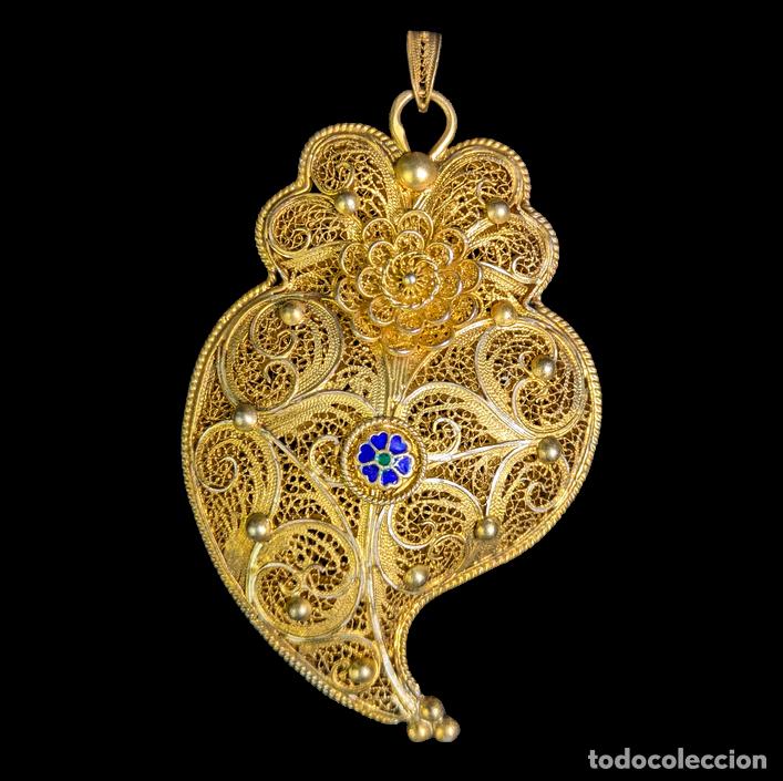 C&aacute;mara de fotos: Gran Colgante 8cm filigrana plata dorada, Coraz&oacute;n de Viena, Portugal c.1900