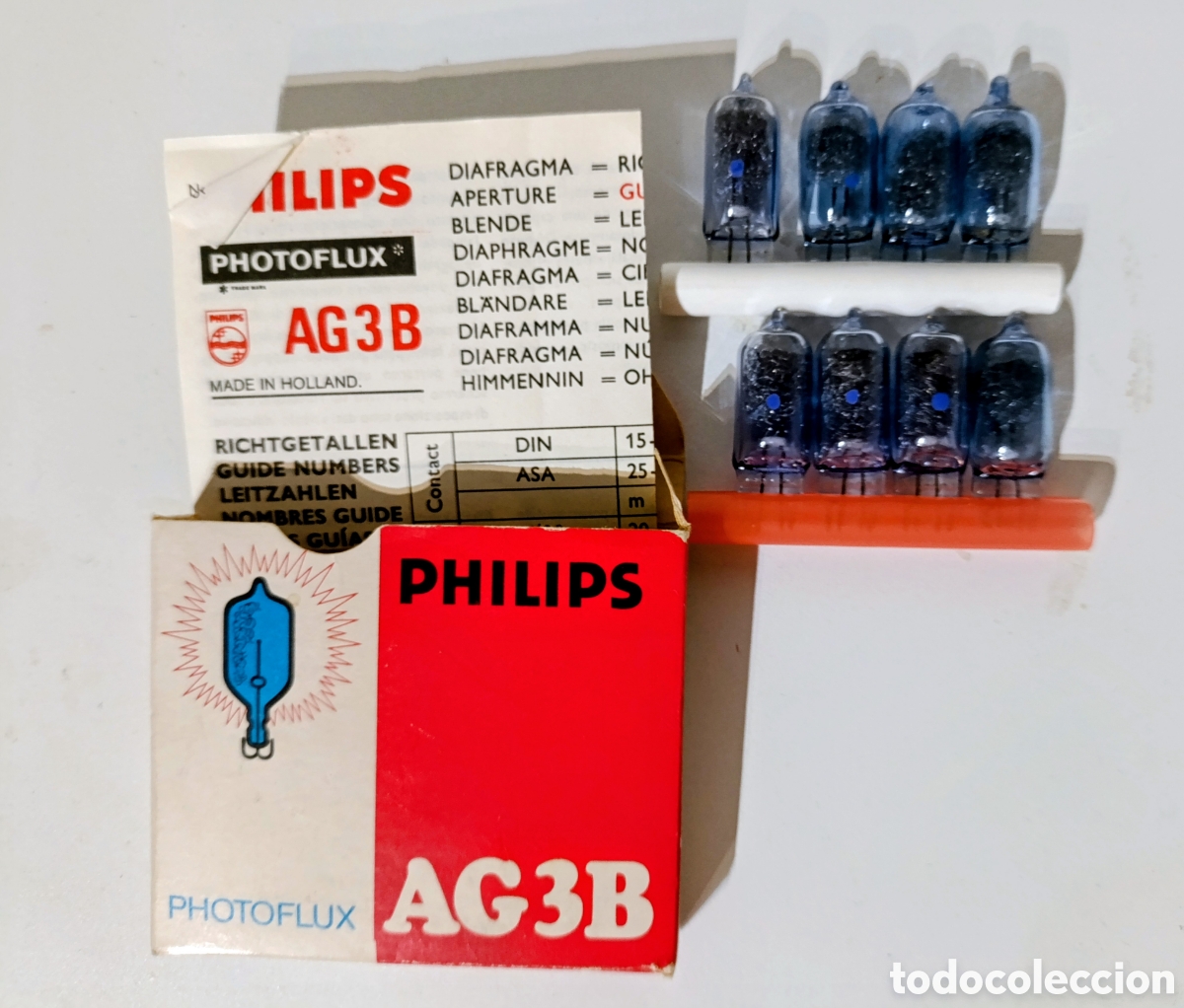 C&aacute;mara de fotos: Antigua Caja Philips AG 3B con 8 bombillas para flash