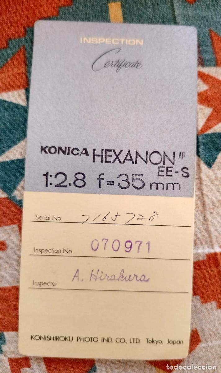 C&aacute;mara de fotos: CERTIFICADO INSPECCION KONICA HEXANON EES 1:2.8 F35 MM INSPECTOR A. HIRAKURA KONISHROKU PHOTO JAPON