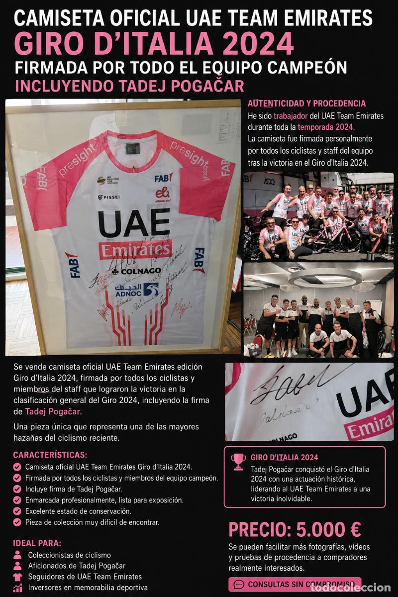Coleccionismo deportivo: Camiseta oficial UAE Team Emirates Giro d&rsquo;Italia 2024 firmada por todo el equipo y Tadej Pogačar