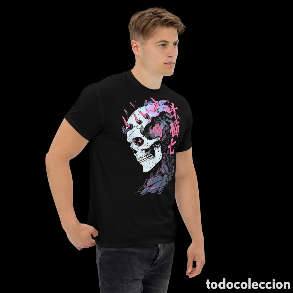 Coleccionismo deportivo: Camiseta Cyberpunk Calavera Robot Anime Japon&eacute;s &ndash; Dise&ntilde;o Futurista Neon Rosa y Negro