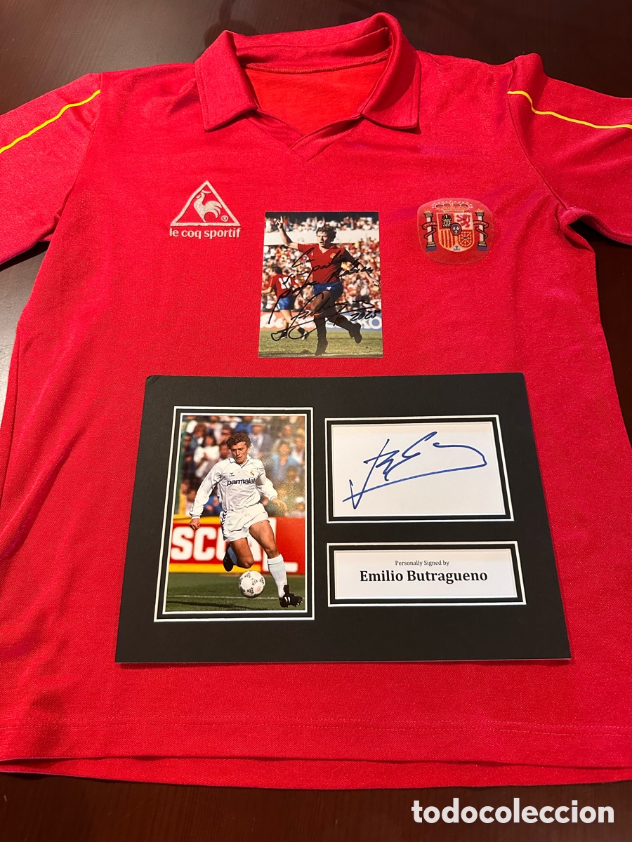 Coleccionismo deportivo: Camiseta Espa&ntilde;a mundial 86 + foto firmada butragueńo