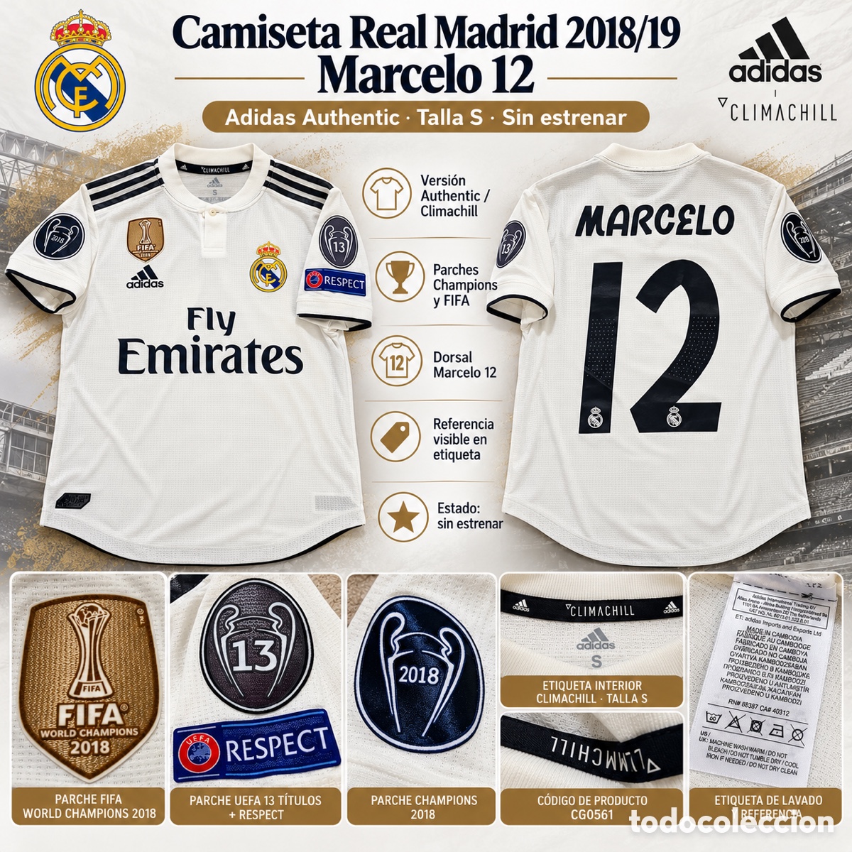 Coleccionismo deportivo: Camiseta Real Madrid 2018/19 Marcelo 12 Adidas Authentic &ndash; Talla S