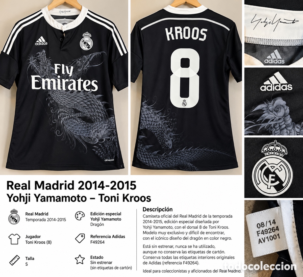 Coleccionismo deportivo: Camiseta Real Madrid 2014/15 Yohji Yamamoto Drag&oacute;n &ndash; Kroos 8 &ndash; Talla S