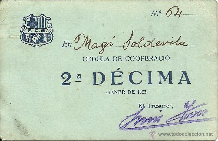 Coleccionismo deportivo: (F-059)CEDULA DE COOPERACIO F.C.BARCELONA 2&ordf; DECIMA GENER 1923 - Foto 1