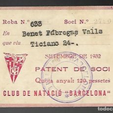 Coleccionismo deportivo: CARNET DE SOCIO, PATENT DE SOCI CLUB NATACIO BARCELONA DE 1932.. Lote 99659819