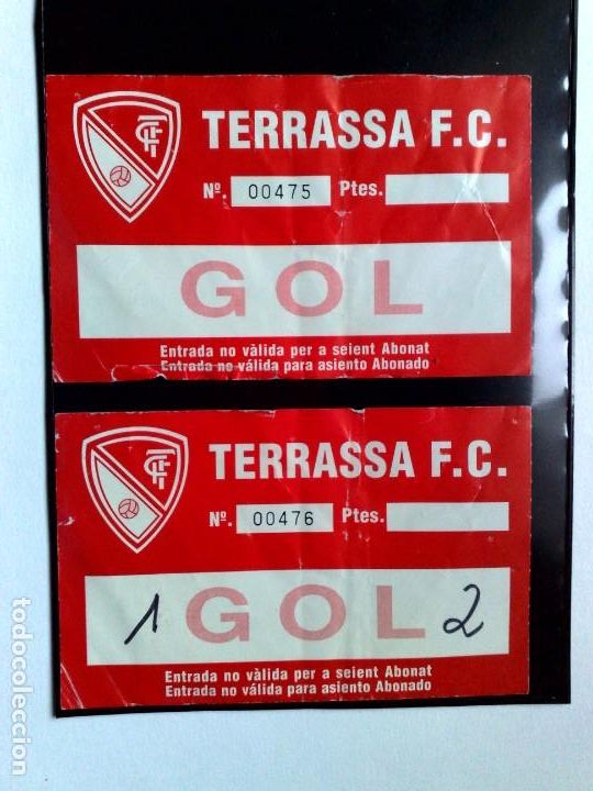 Sports collectibles: PAREJA DE ENTRADAS N&ordm;00475 Y 00476 CLUB TERRASSA F.C./GOL