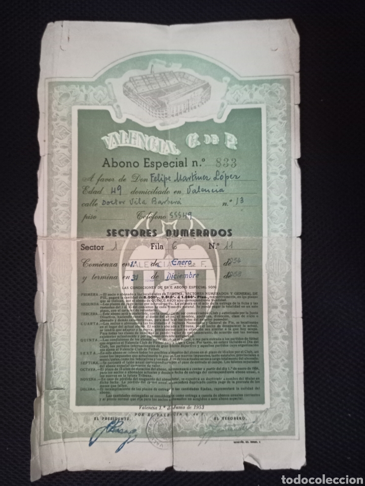 Sports collectibles: VALENCIA CLUB DE FUTBOL. ABONO ESPECIAL. VALENCIA, 1953.