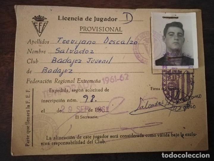 Sports collectibles: Licencia de Jugador Badajoz Juvenil. Temporada 1961/62. Club Deportivo Badajoz.