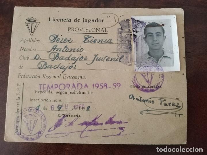 Sports collectibles: Licencia de Jugador Club Deportivo Badajoz. Temporada 1958 /59.