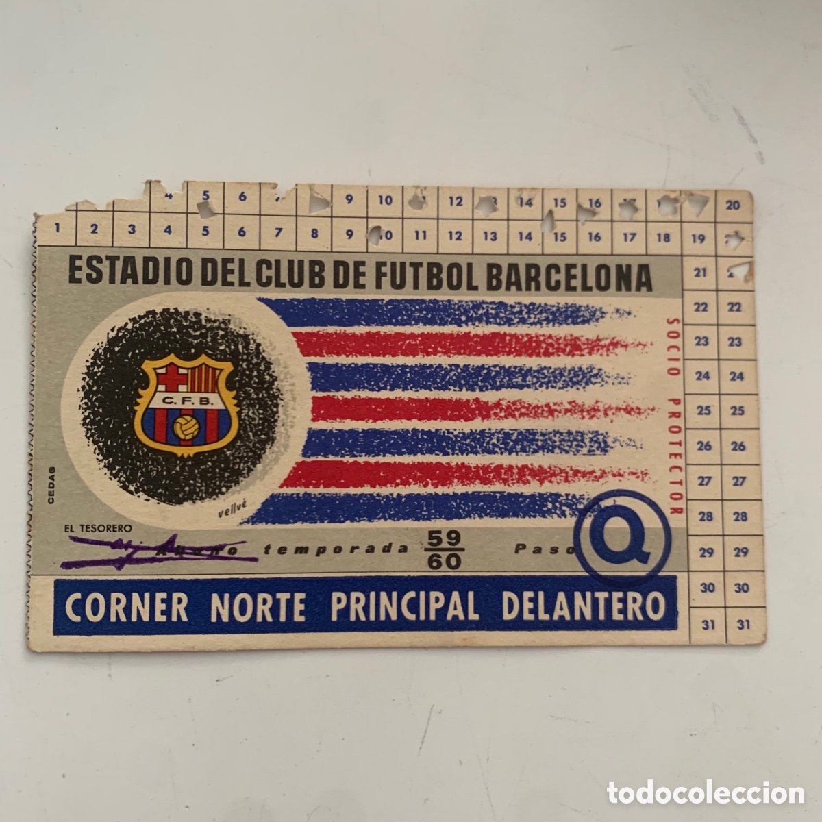 Sammelleidenschaft Sport: PASE CARNET DE SOCIO ABONO TEMPORADA 1959-1960 FC BARCELONA CORNER NORTE