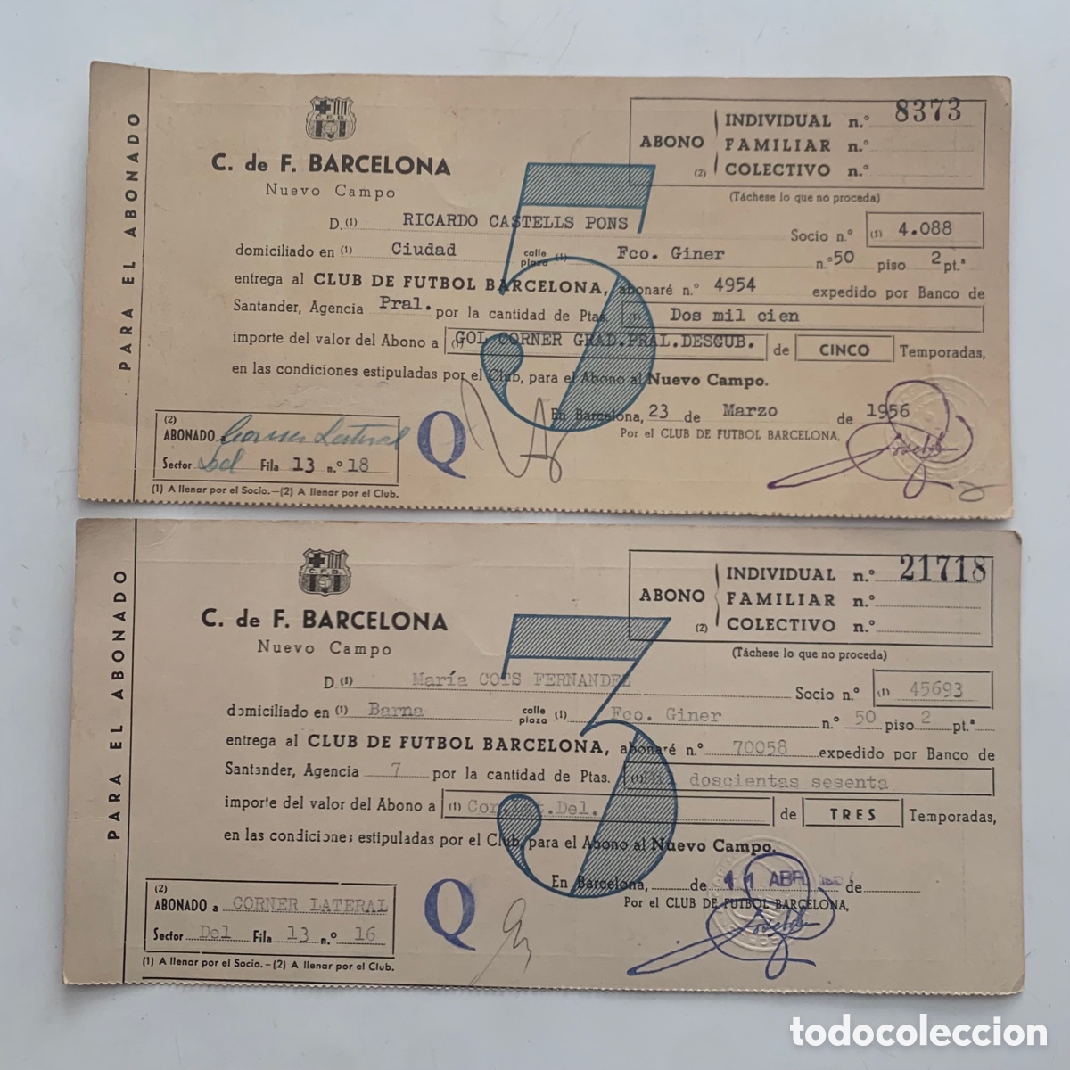 Sammelleidenschaft Sport: Lote abono club de f&uacute;tbol fc Barcelona 1956-1957