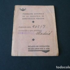 Coleccionismo deportivo: UGT CARNET SEGUNDA REPUBLICA DEPENDIENTES ESPECTACULOS PUBLICOS 1936