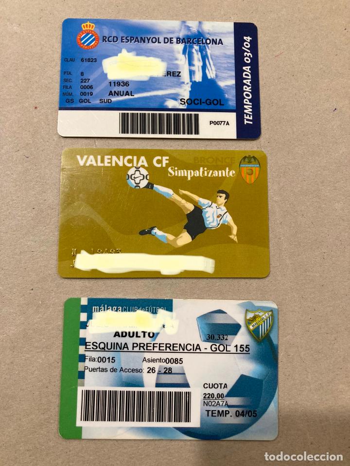 Sammelleidenschaft Sport: tres tarjetas carnets de socio simpatizante Valencia CF M&aacute;laga CF y RCD Espanyol de Barcelona 2004