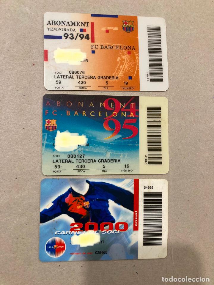 Sammelleidenschaft Sport: tres tarjetas carnets de socio abonado FC Barcelona a&ntilde;os 1993 94 95 y 2000