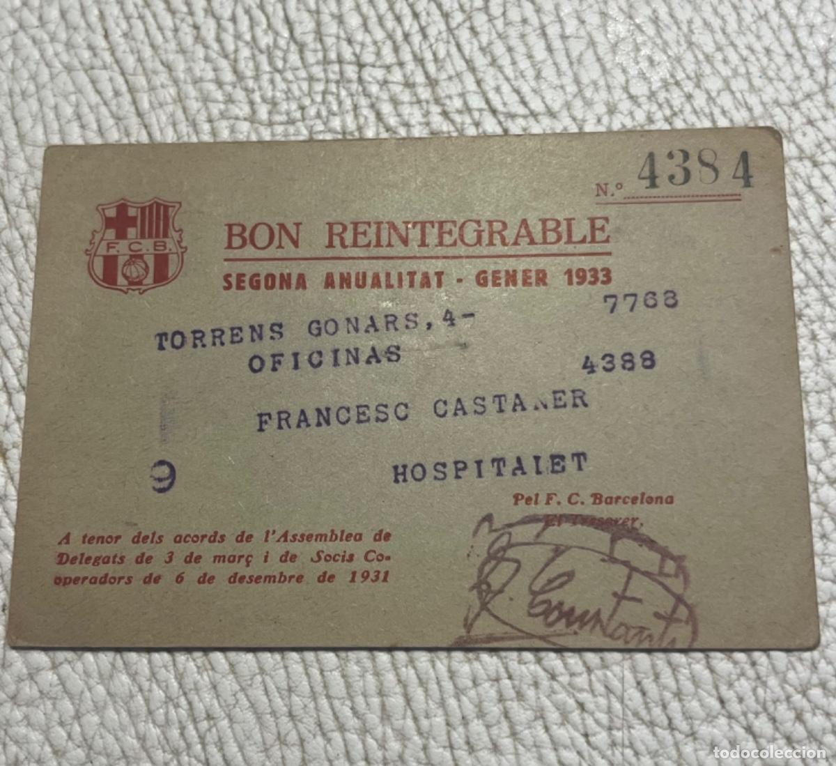 Sports collectibles: BON REINTEGRABLE GENER 1933 FUTBOL CLUB BARCELONA.
