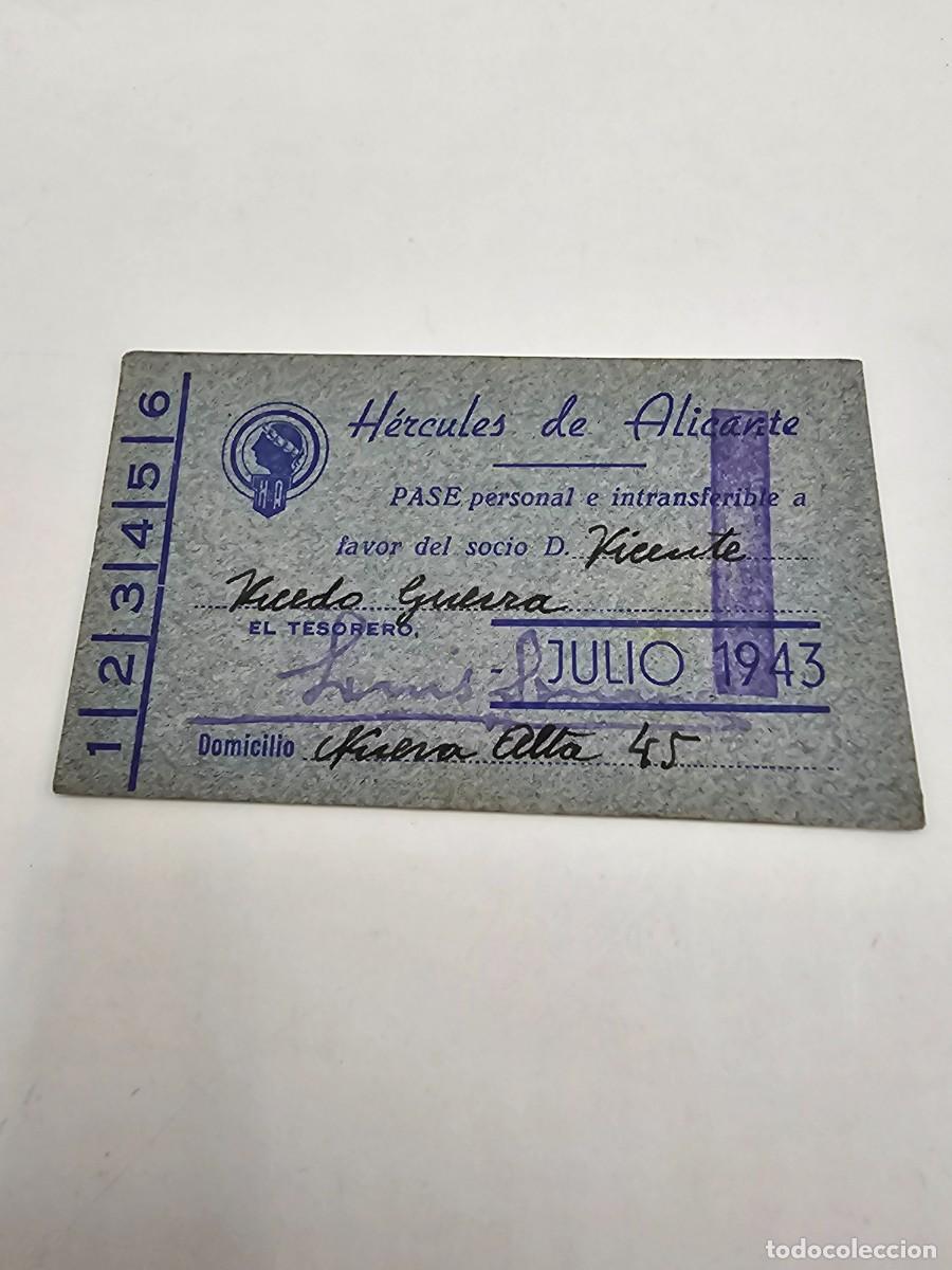 Sports collectibles: Pase abono carnet futbol h&eacute;rcules c f julio 1943