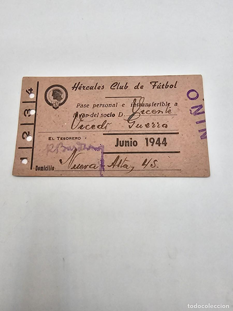 Sports collectibles: Pase abono carnet futbol alicante h&eacute;rcules c f 1944 junio