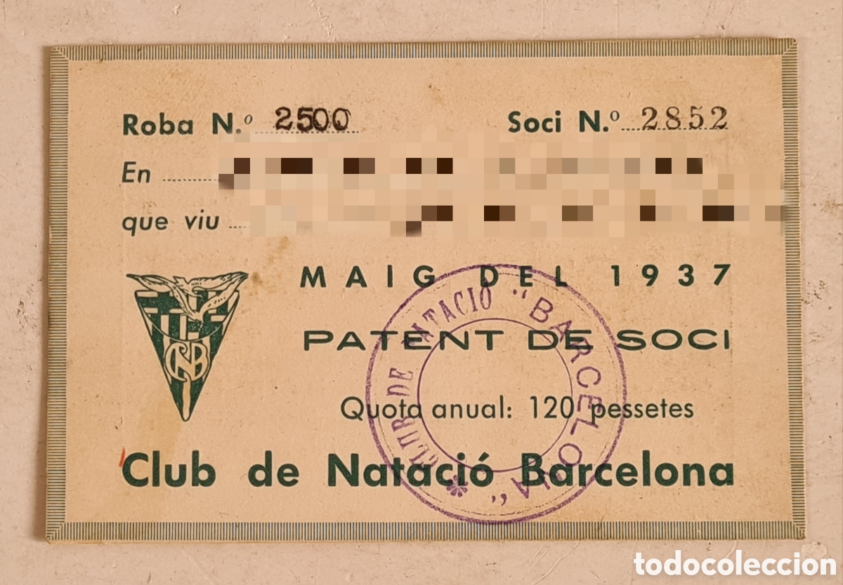 Sports collectibles: Carnet de Soci Club Nataci&oacute; Barcelona Quota maig 1937