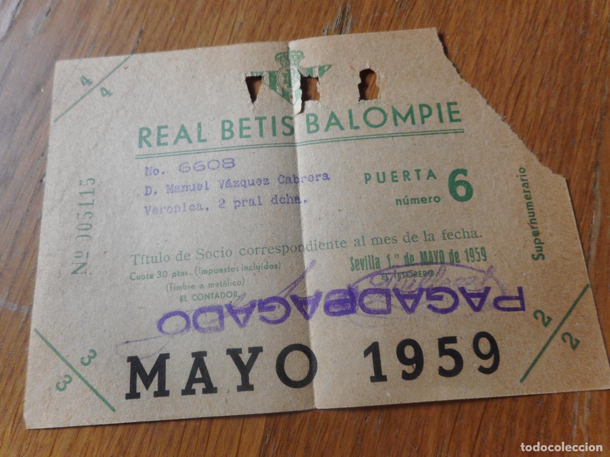 Sammelleidenschaft Sport: ANTIGUO TITULO SOCIO TEMPORADA 1959. REAL BETIS BALOMPIE. FUTBOL