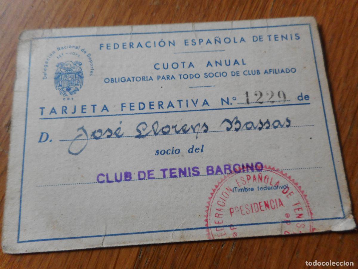 Sports collectibles: ANTIGUA TARJETA FEDERATIVA FEDERACION ESPA&Ntilde;OLA TENIS. CLUB TENIS BARCINO 1945