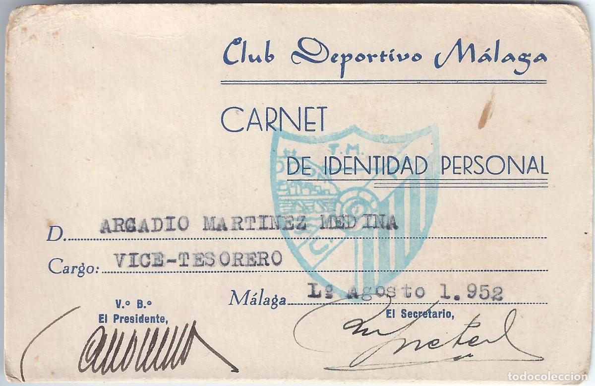 Sports collectibles: Carnet de Identidad Personal - Vice-Tesorero - Club deportivo M&aacute;laga (1952)