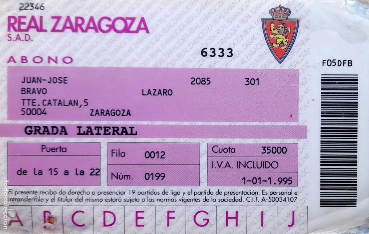 Coleccionismo deportivo: Abono real Zaragoza 1994 - 95 - Foto 2
