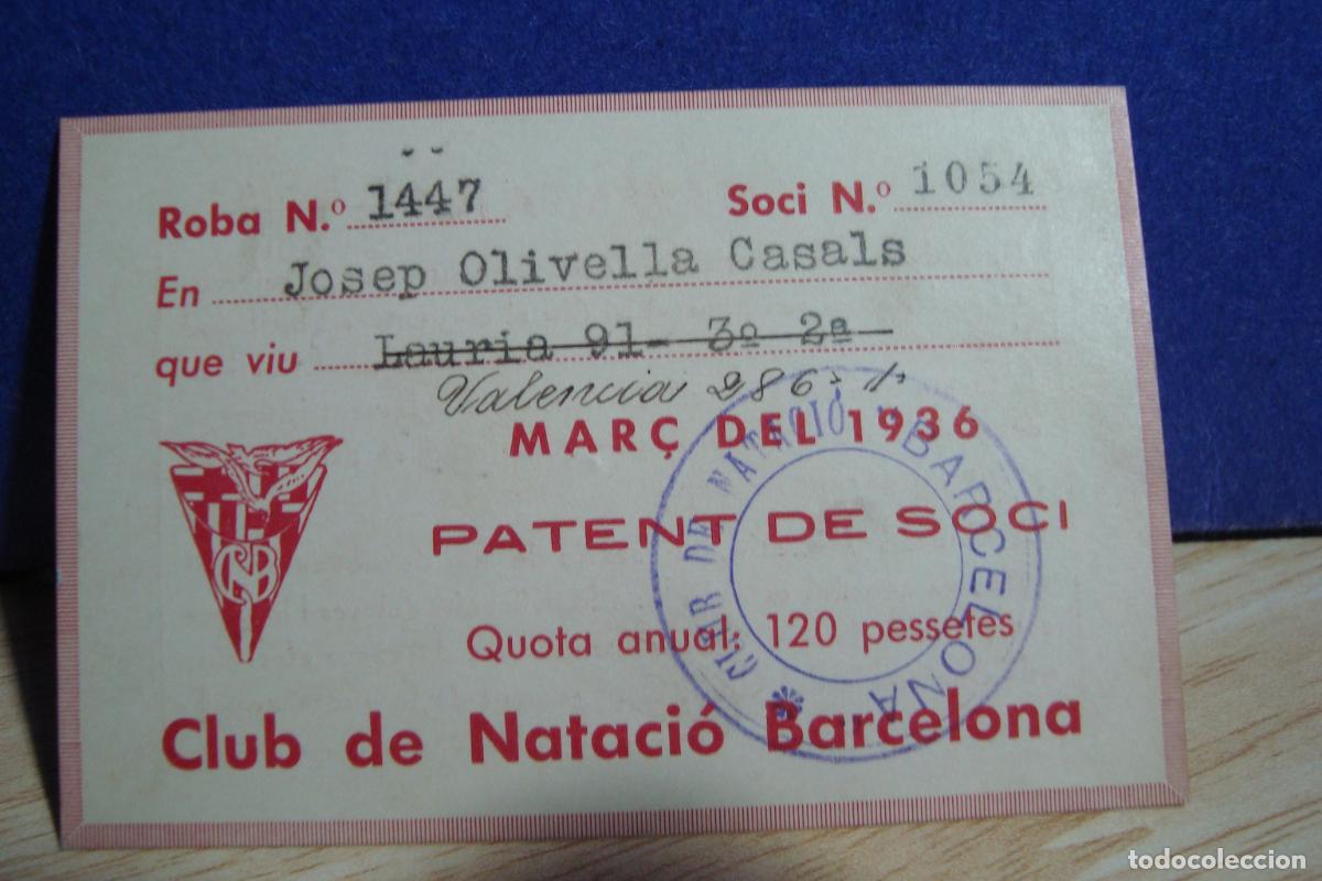 Sammelleidenschaft Sport: ANTIGUO CARNET SOCIO ABONADO CLUB NATACION BARCELONA 1936. JOSEP OLIVELLA CASALS
