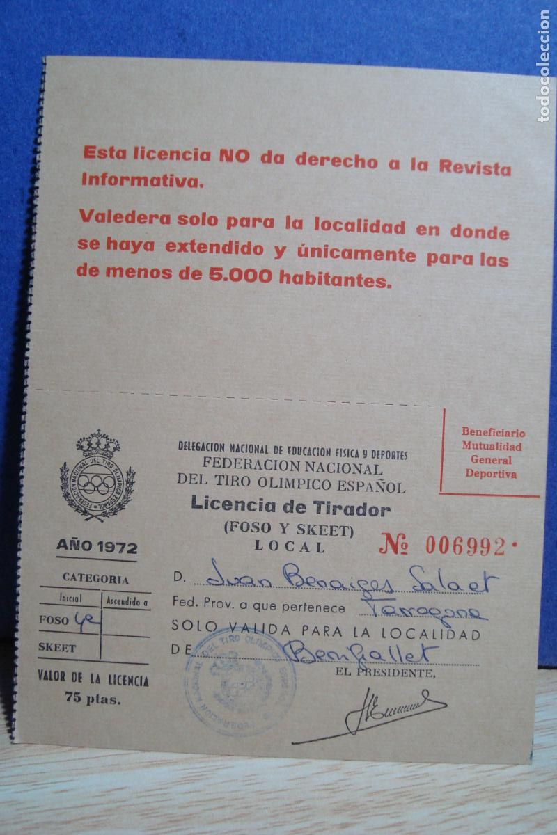 Sammelleidenschaft Sport: ANTIGUA LICENCIA DE TIRADOR FEDERACION NACIONAL TIRO OLIMPICO. BENIFALLET 1972