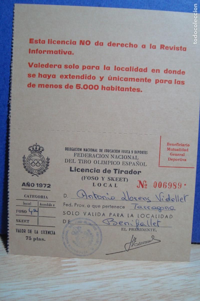 Sammelleidenschaft Sport: ANTIGUA LICENCIA DE TIRADOR FEDERACION NACIONAL TIRO OLIMPICO. BENIFALLET 1972