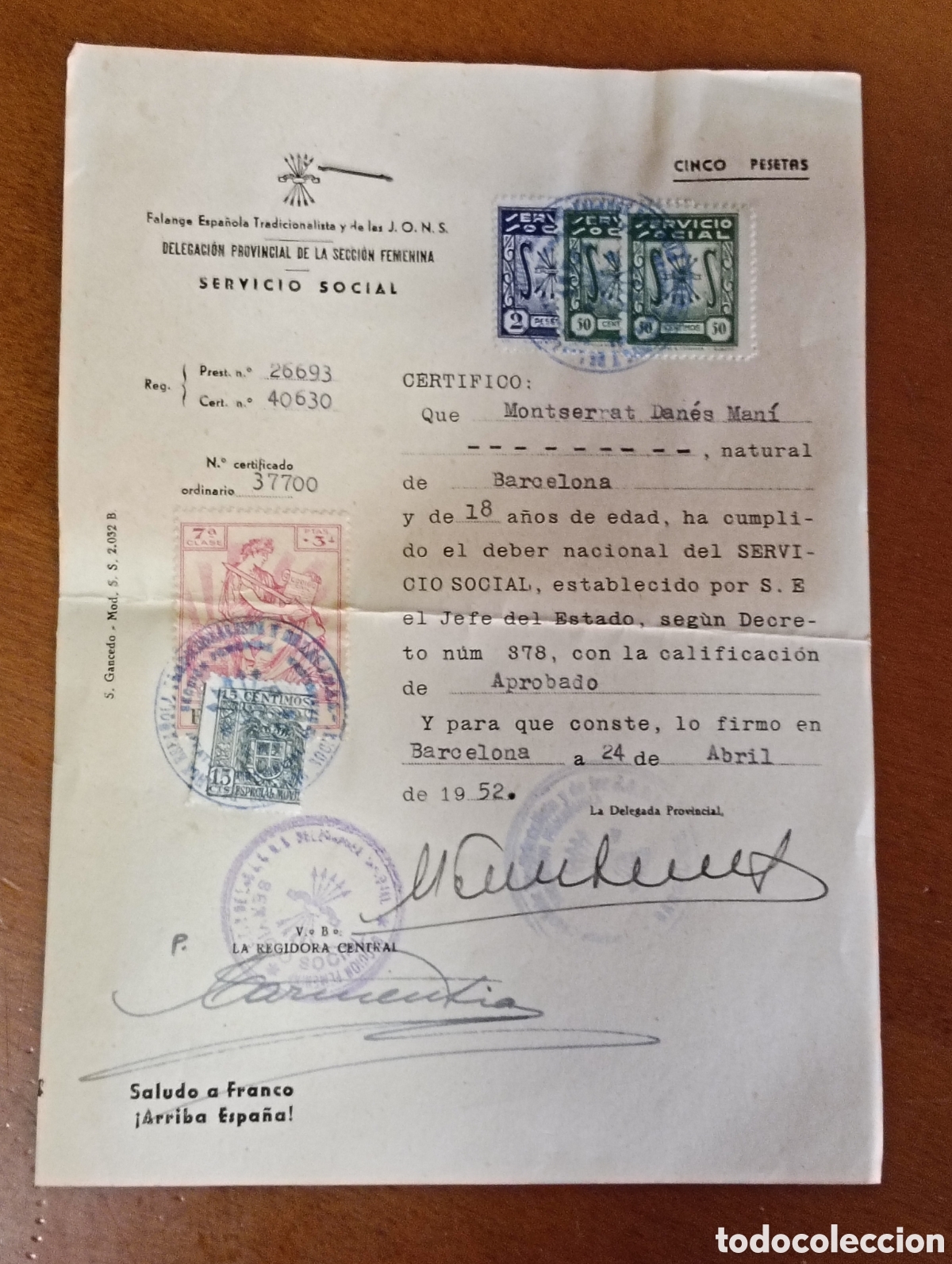 Sammelleidenschaft Sport: Servicio Social Delegaci&oacute;n Provincial de la Secci&oacute;n Femenina 1952 Saludo a Franco