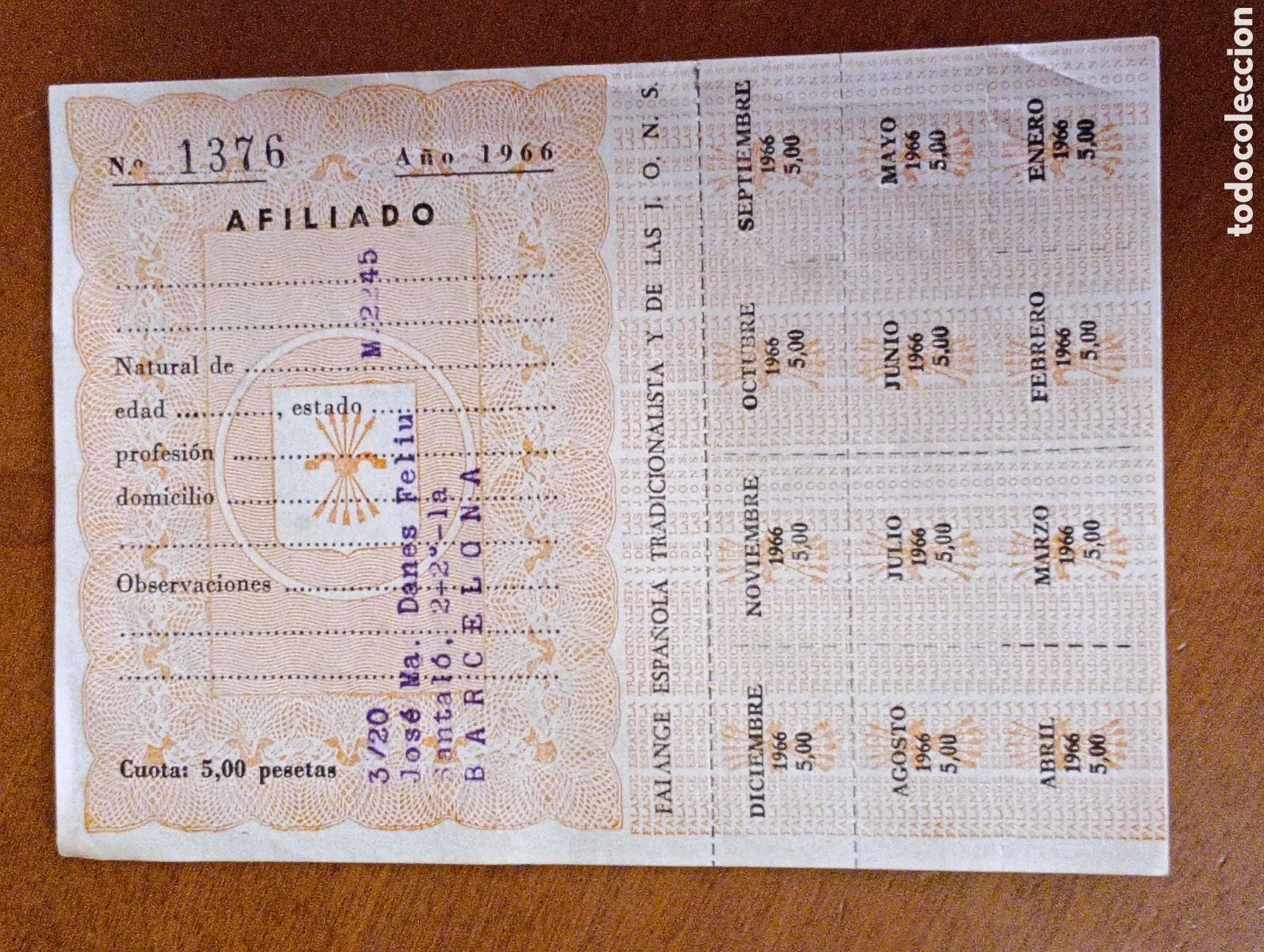 Sammelleidenschaft Sport: HOJA CARNET AFILIADO FALANGE ESPA&Ntilde;OLA TRADICIONALISTA Y DE LAS J.O.N.S. 1966 CON CUPONES