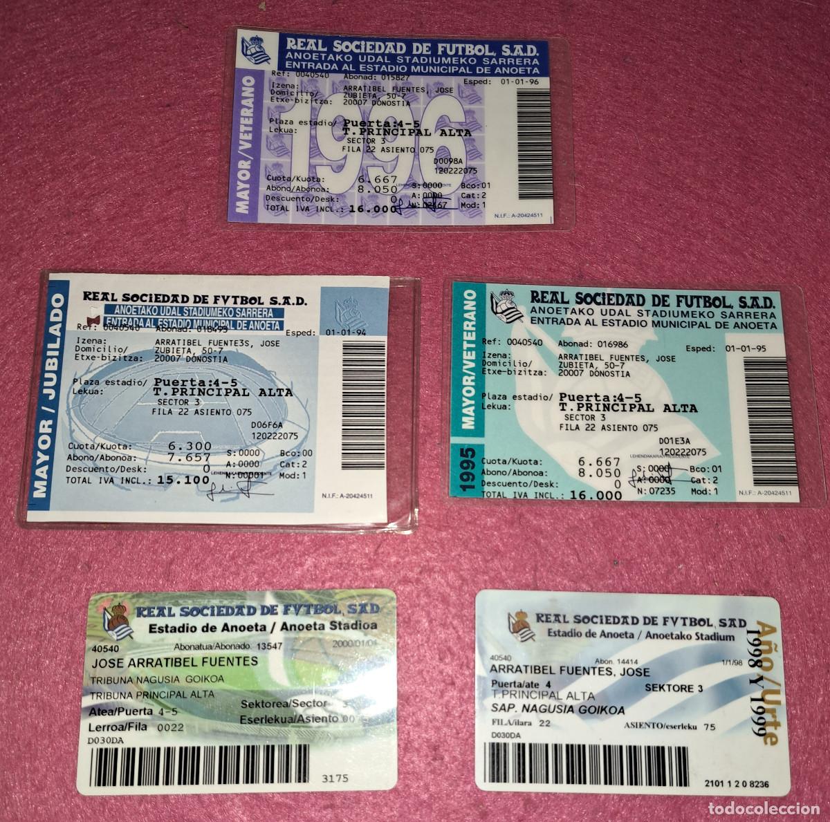 Sammelleidenschaft Sport: REAL SOCIEDAD de San Sebasti&aacute;n - LOTE DE 5 CARNETS DE SOCIO - A&Ntilde;OS 90